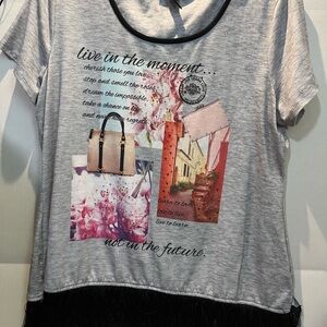 Inspirational Womens Size XL Gray Graphic T-Shirt with Black Frilly Trim Casual